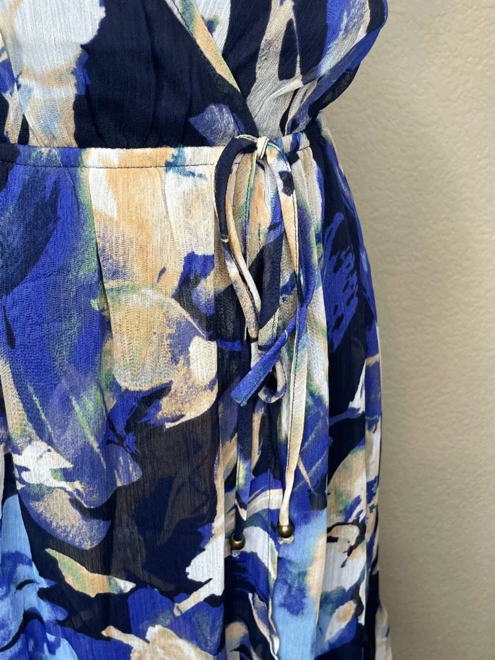 LOVESTITCH Boho Chiffon Halter Dress Blue Floral Surplice Wrap Flounce Trim L - Picture 7 of 15